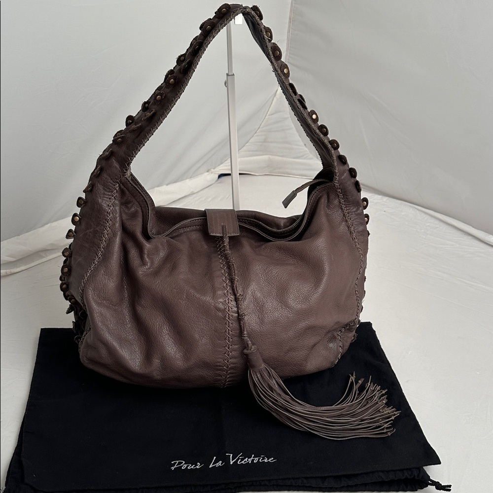 Pour la Victoire gray leather boho hobo bag with tassel